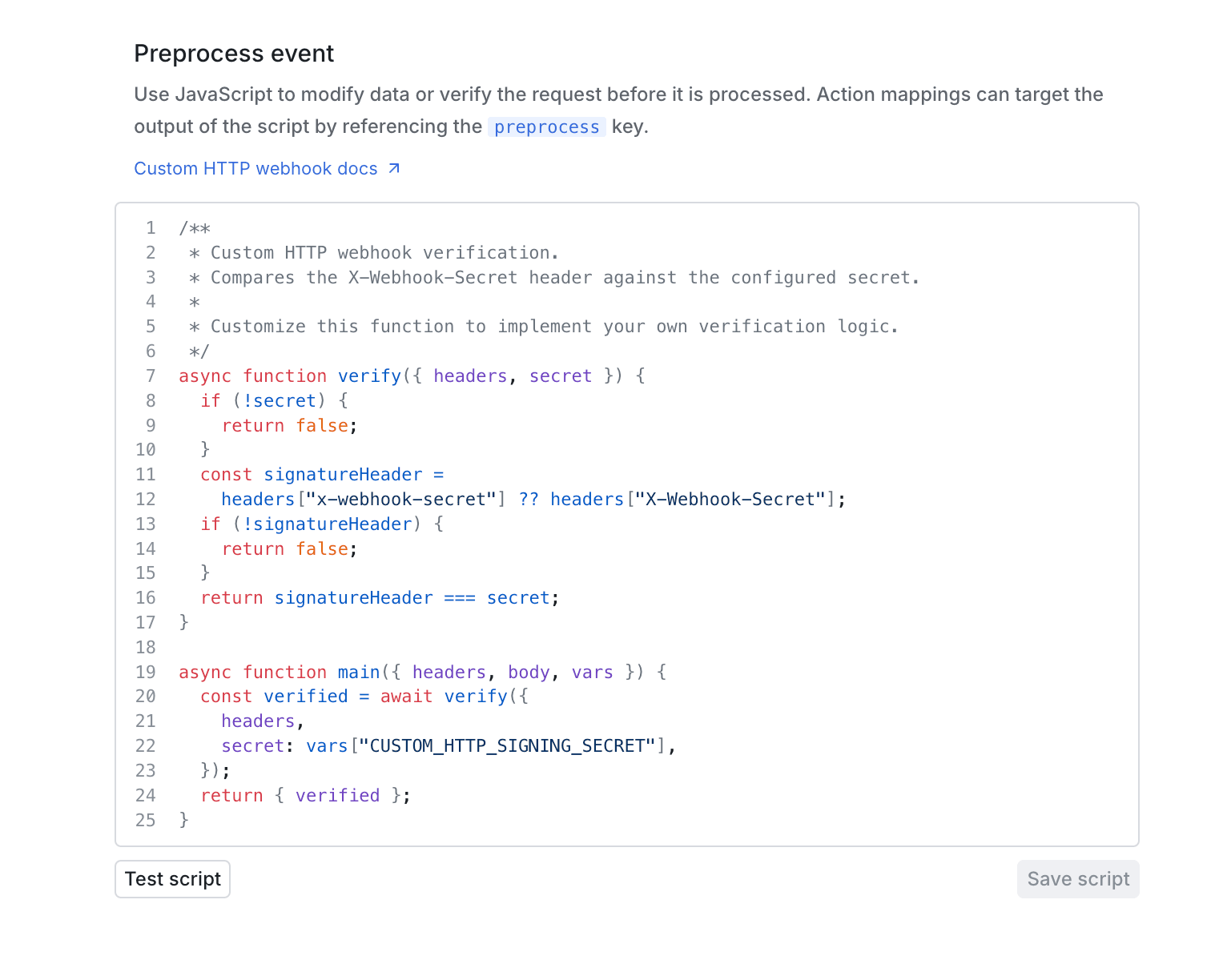 The Custom HTTP source settings showing the enforce verification toggle and preprocess script editor