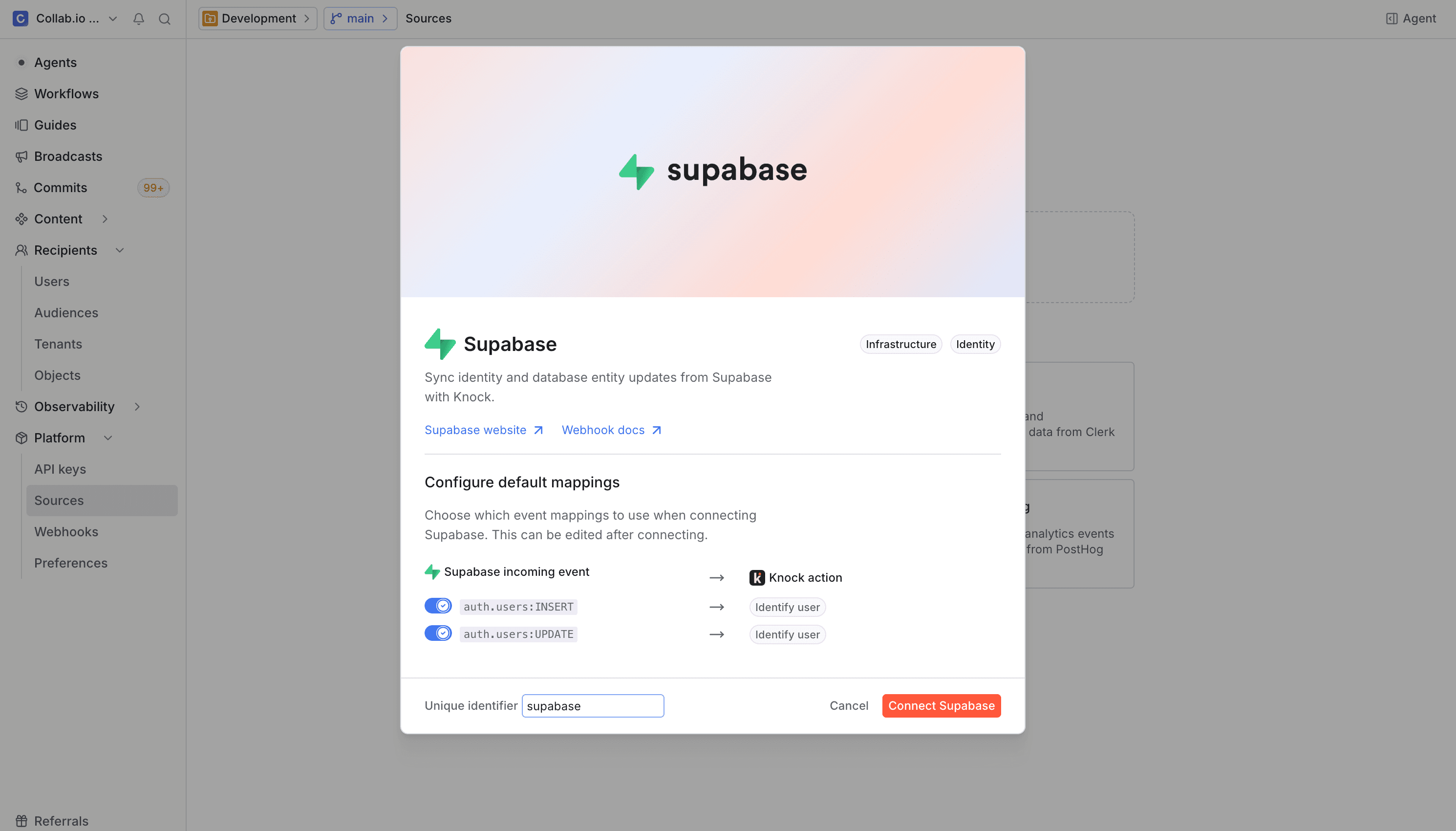 The Supabase source creation modal showing default action mappings for incoming events