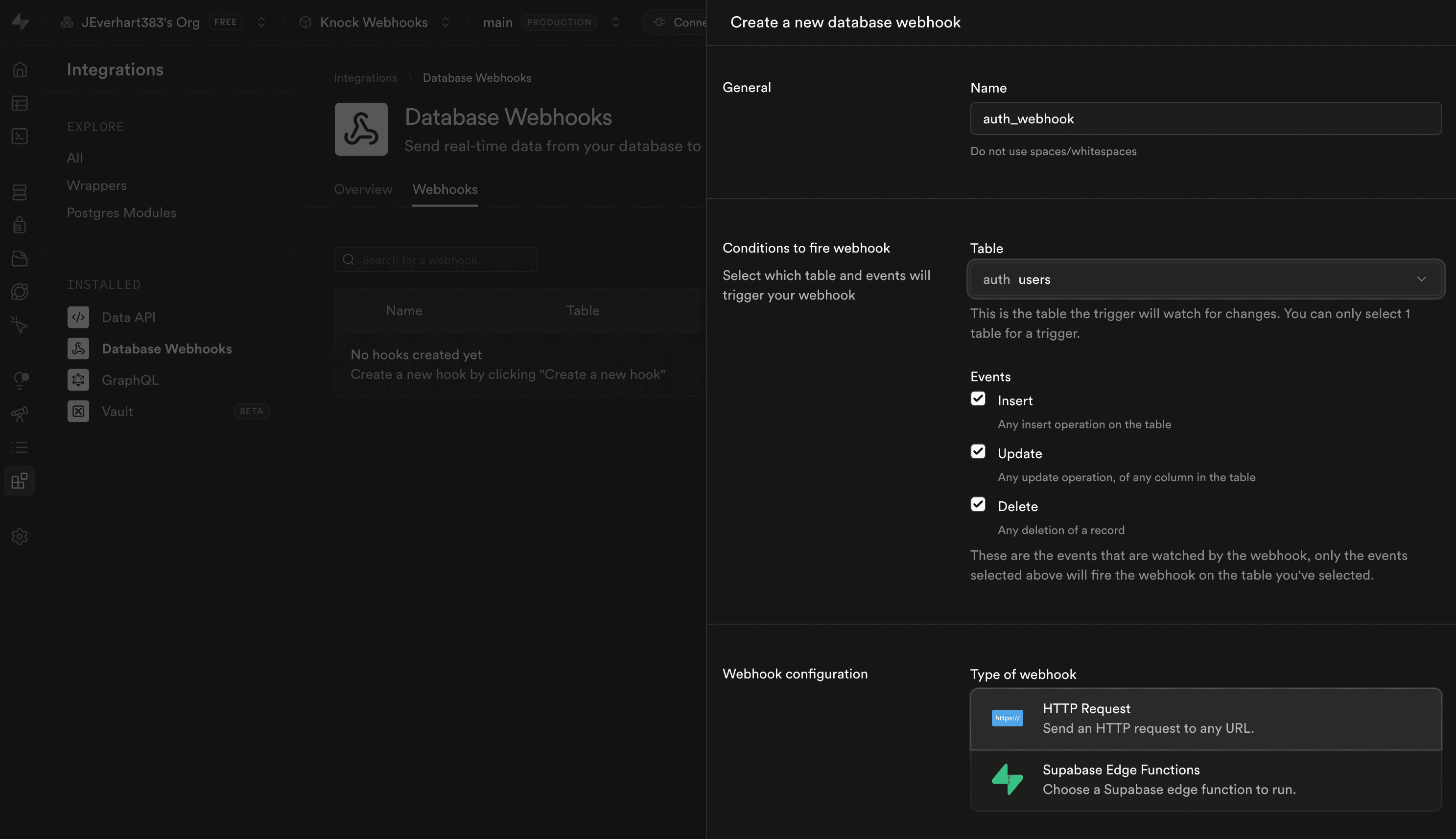 The Supabase create webhook dialog showing table selection and event checkboxes